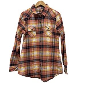 Legendary x Stockyards Shirt Womens Large Orange Yellow Plaid Western Flannel